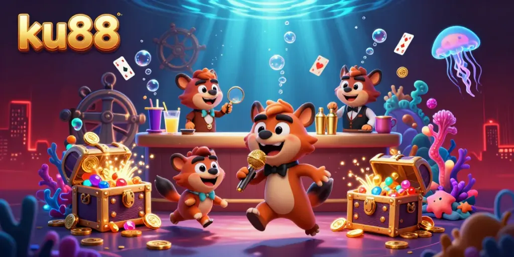 Join the fun with ku88 at this vibrant casino scene featuring hyenas and treasures!