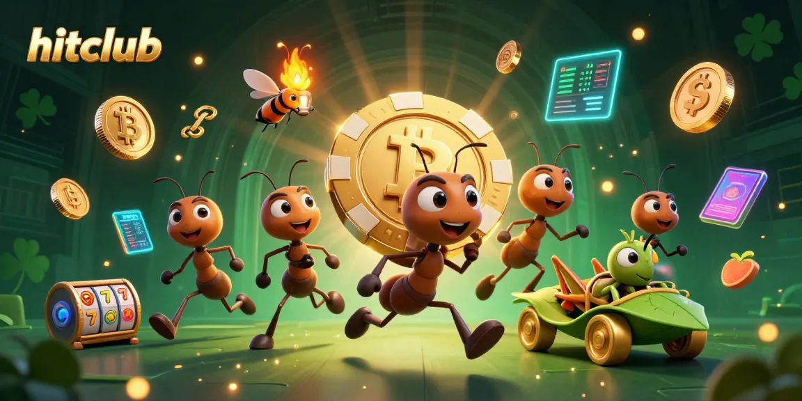 Hitclub captures a thrilling heist by 3D ants with a golden poker chip, enhanced by crypto elements.