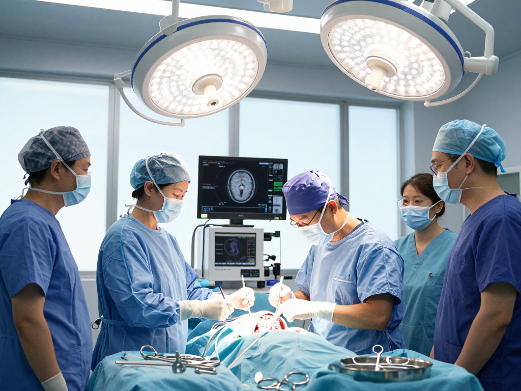 Cranial neurosurgery specialist performing brain surgery with a dedicated surgical team in a modern theater