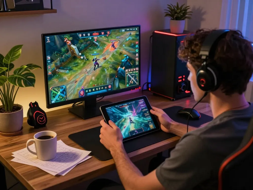 Engaging in a competitive GAME ONLINE session on a tablet in a cozy home setting.