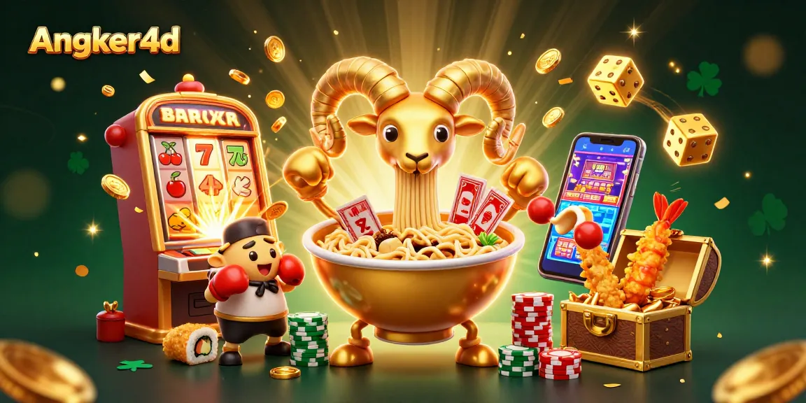 Permainan Angker4d dengan karakter lucu dan slot mesin jackpot, dikelilingi koin berkilauan.