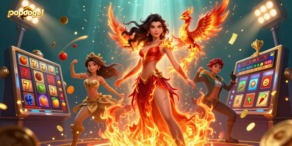 Spin the reels at popotogel, featuring vibrant slot game elements with an energetic backdrop.