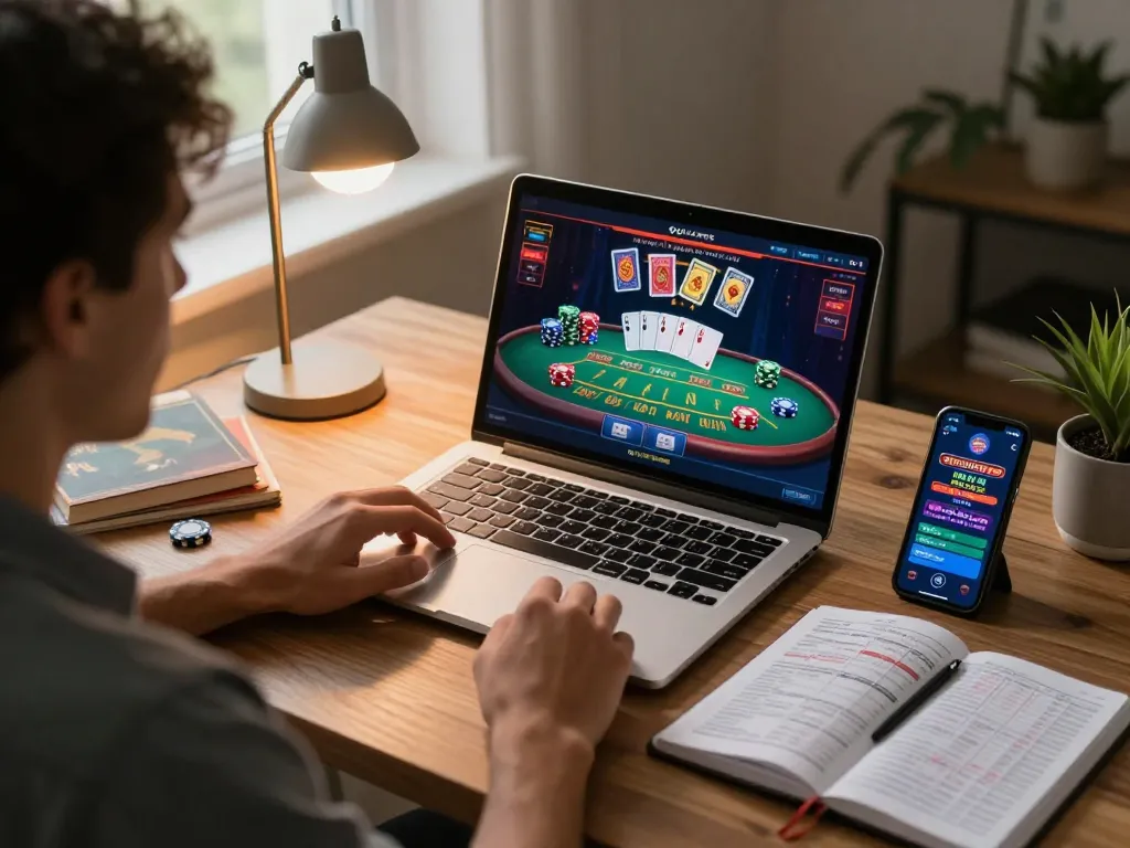 Engaging online blackjack session on laptop at home showcasing tr88 strategies and betting plans.