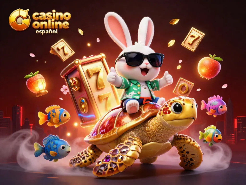 Juega en un casino online español con el adorable conejo de la suerte en un escenario vibrante.