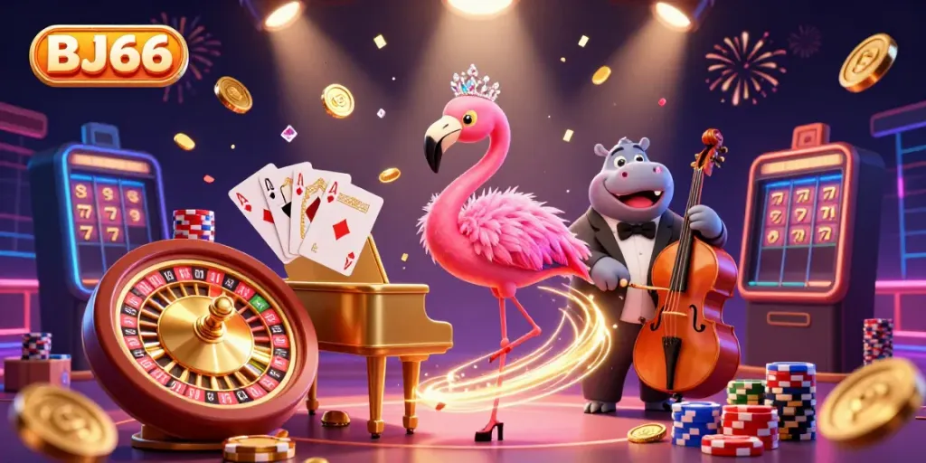 Experience the thrill of BJ66 casino with a lively flamingo singer and colorful gaming elements.