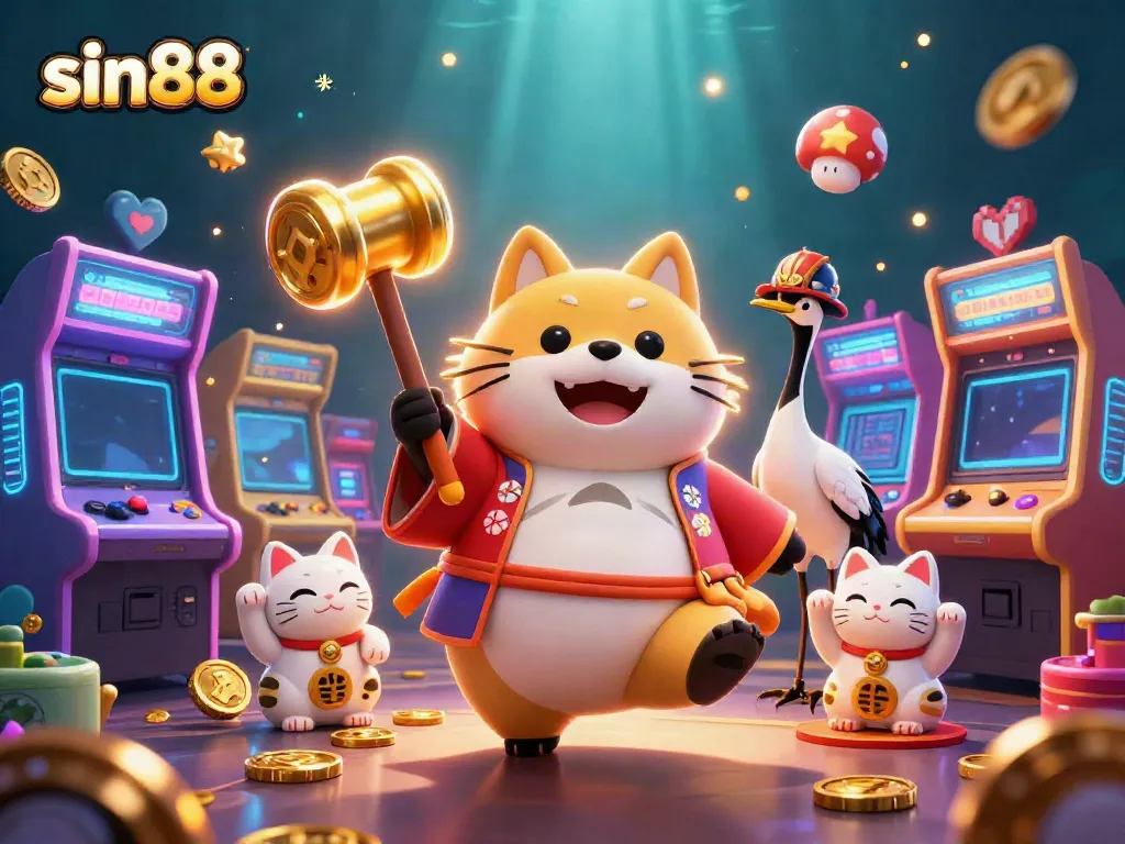Experience exciting games at sin88 with a lively tanuki and colorful elements in a festive casino atmosphere.
