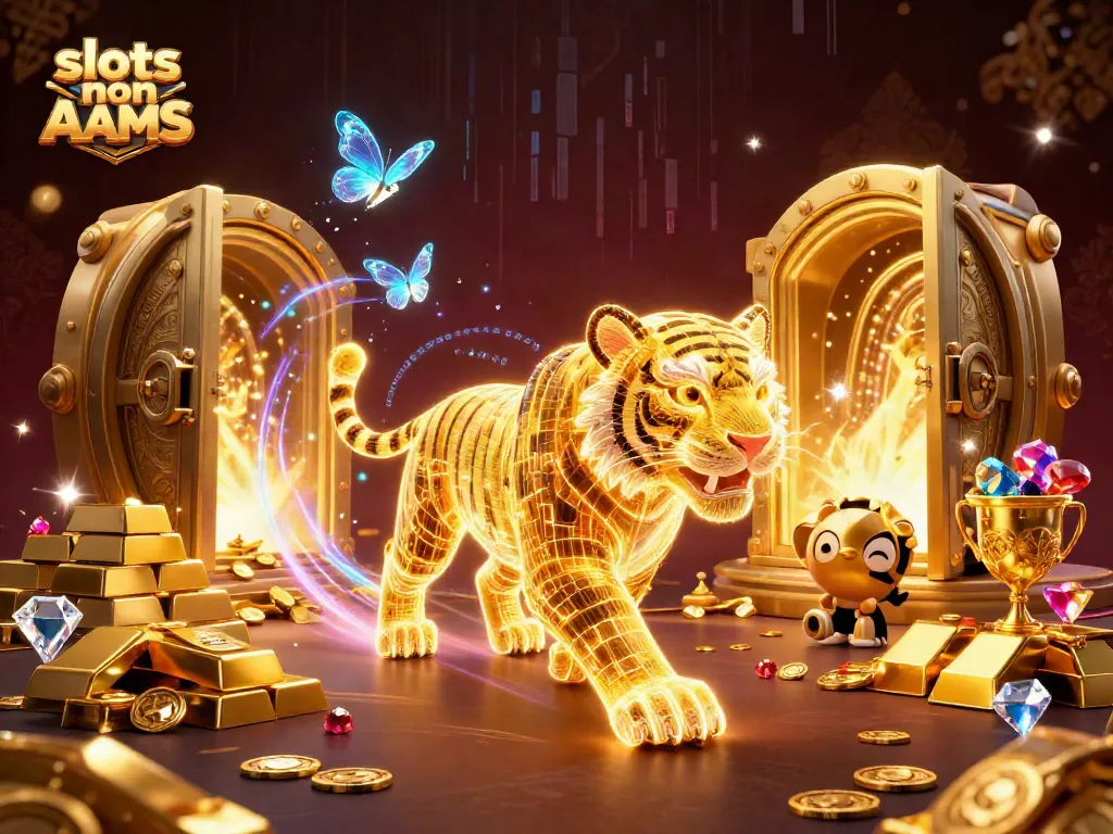 Gioca alle slots non AAMS con un tigre dorato e gemme scintillanti in un casinò digitale.