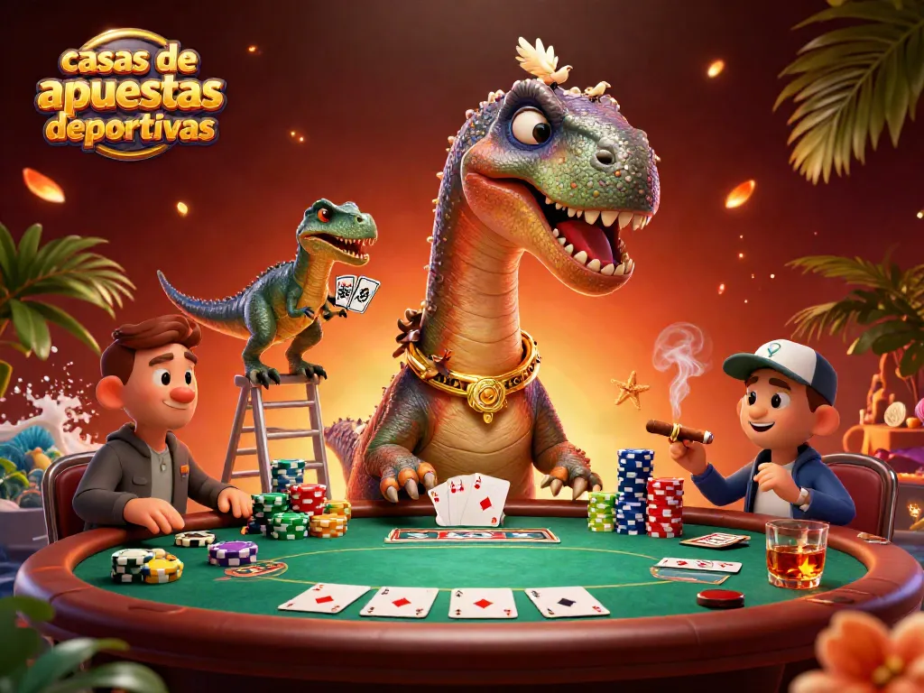 Visualización divertida de casas de apuestas deportivas con dinosaurios en un casino lleno de acción.