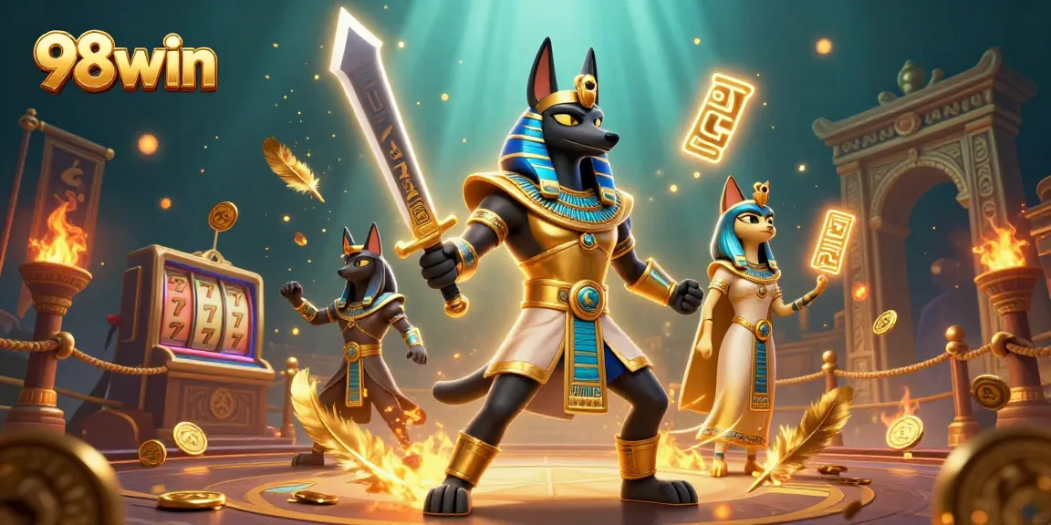 Experience exhilarating gameplay at 98win with Anubis and Bastet amidst vibrant slot machines.