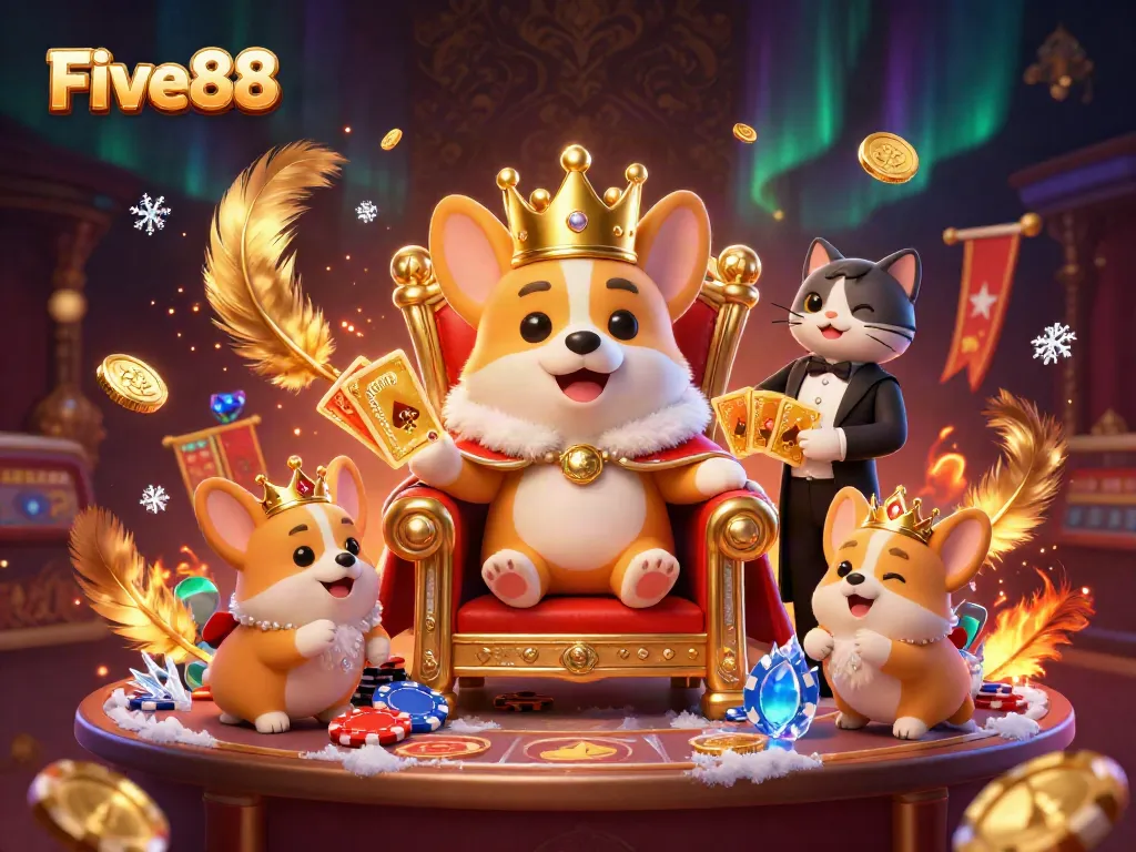 Experience the vibrant gaming atmosphere at Five88 with the royal corgi and its companions in this lively casino scene.