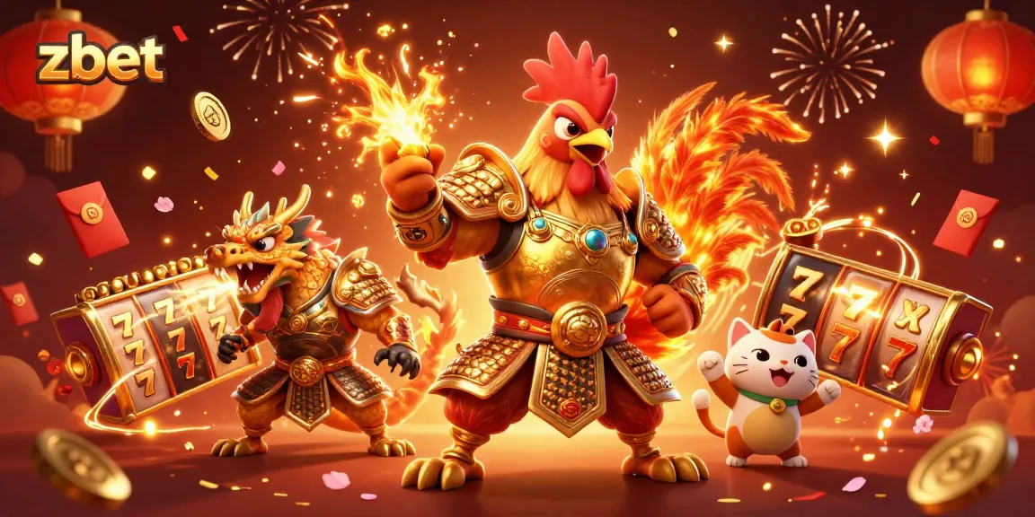 Engage with zbet's vibrant slots scene featuring a warrior rooster and a dragon hatchling.
