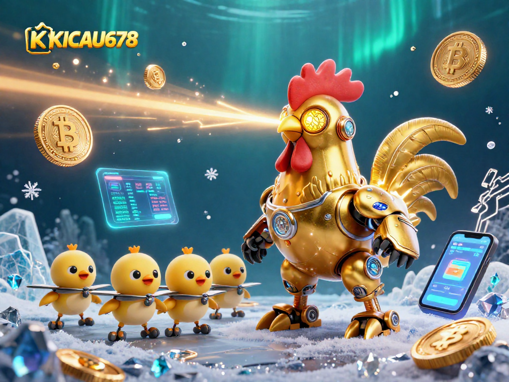 KICAU678 showcases a vibrant golden rooster robot laser engraving patterns among dynamic crypto elements.