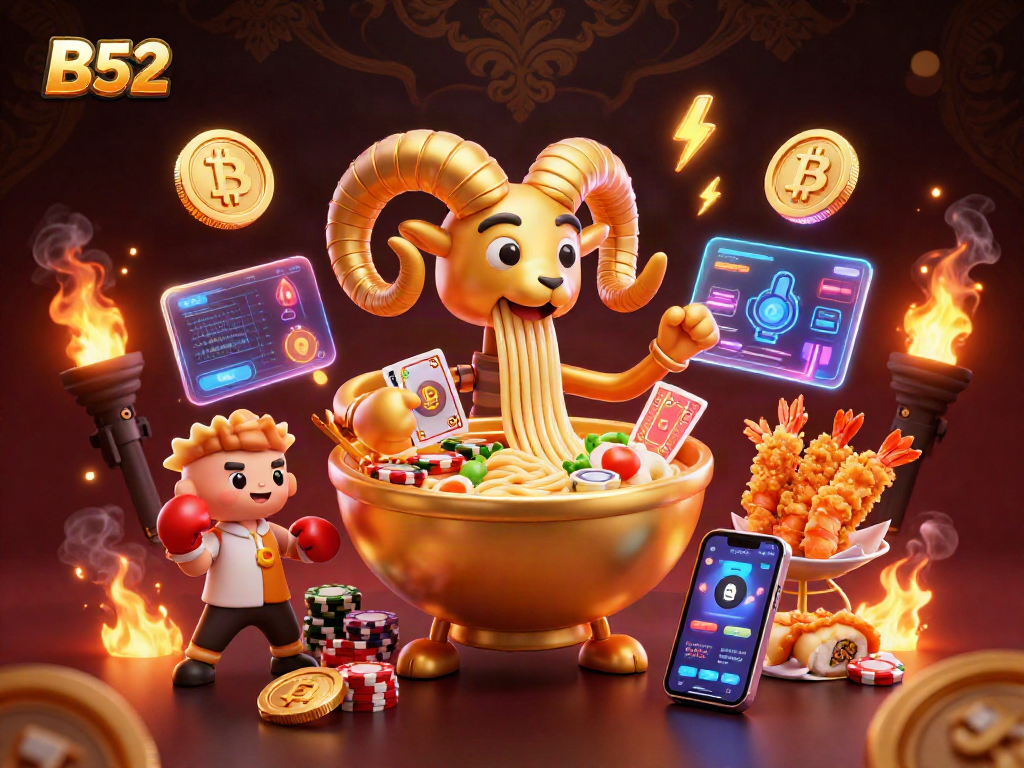 Engage with the lively B52 casino scene featuring a golden ramen bowl dealer amidst vibrant crypto elements.