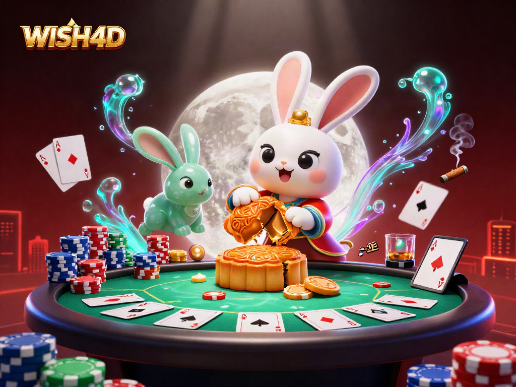 WISH4D presents a lively casino scene with a moon rabbit and poker chips.