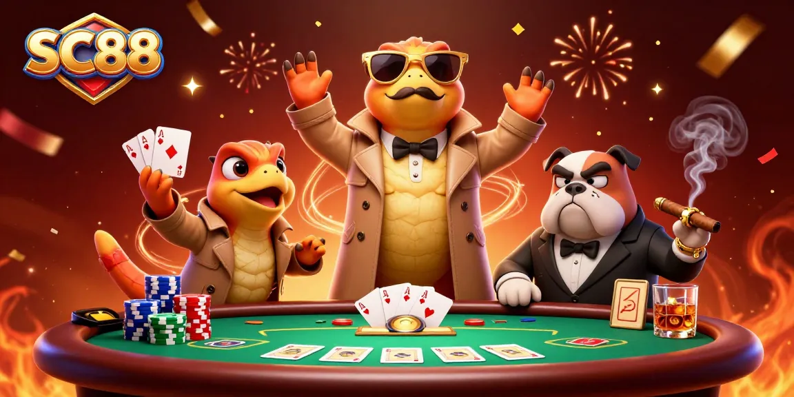 SC88 raptors in a trench coat enter VIP casino; poker table, confetti, and bouncer featured.