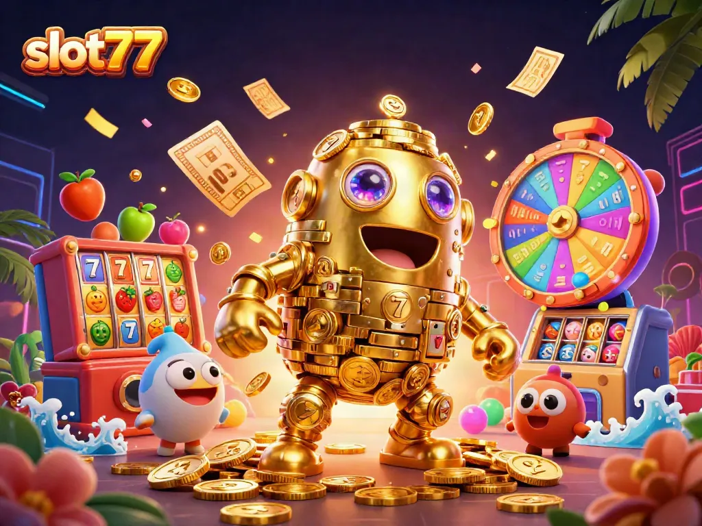 Menangkan jackpot slot777 dengan ilustrasi permainan kasino yang penuh warna dan dinamis.