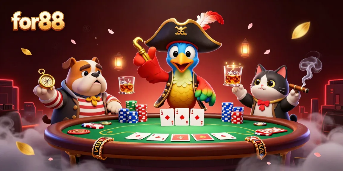 for88's pirate captain parrot leads a casino adventure amid vibrant poker elements and a lively backdrop.