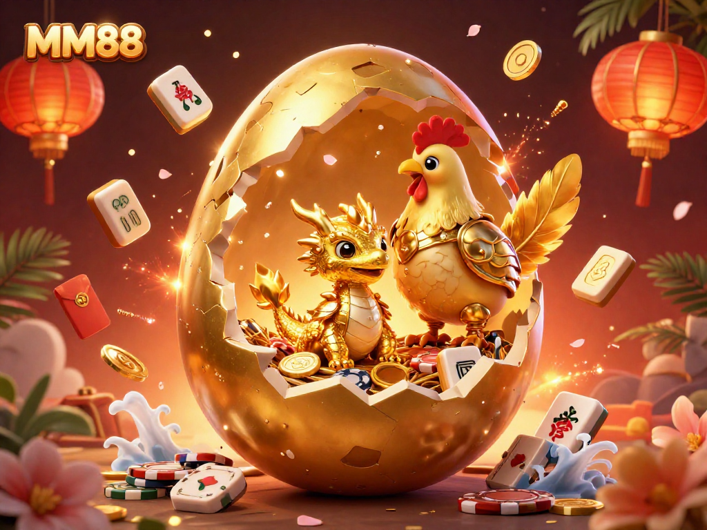 Experience excitement at MM88 with a stunning illustration of a golden dragon and poker chips.