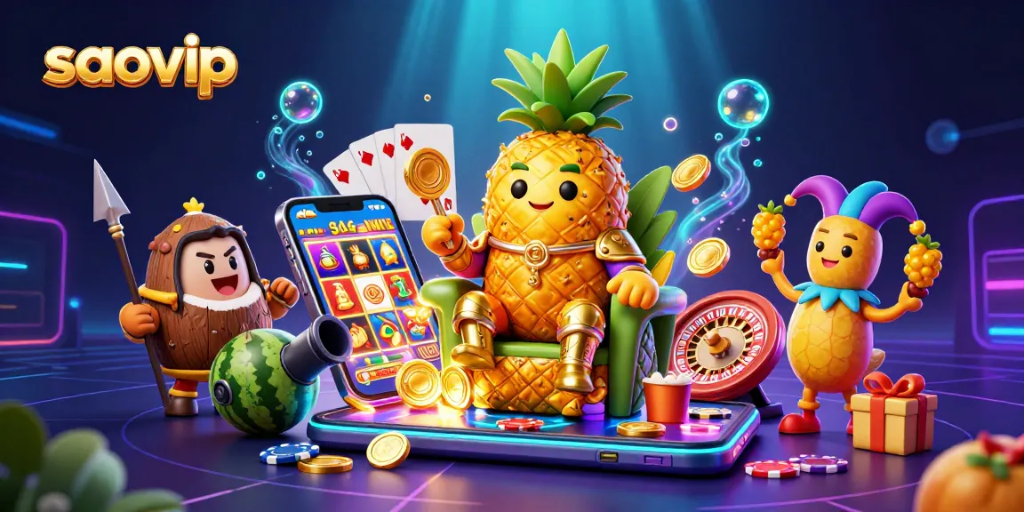 Engage in thrilling gaming at saovip with a golden pineapple king and vibrant casino elements.