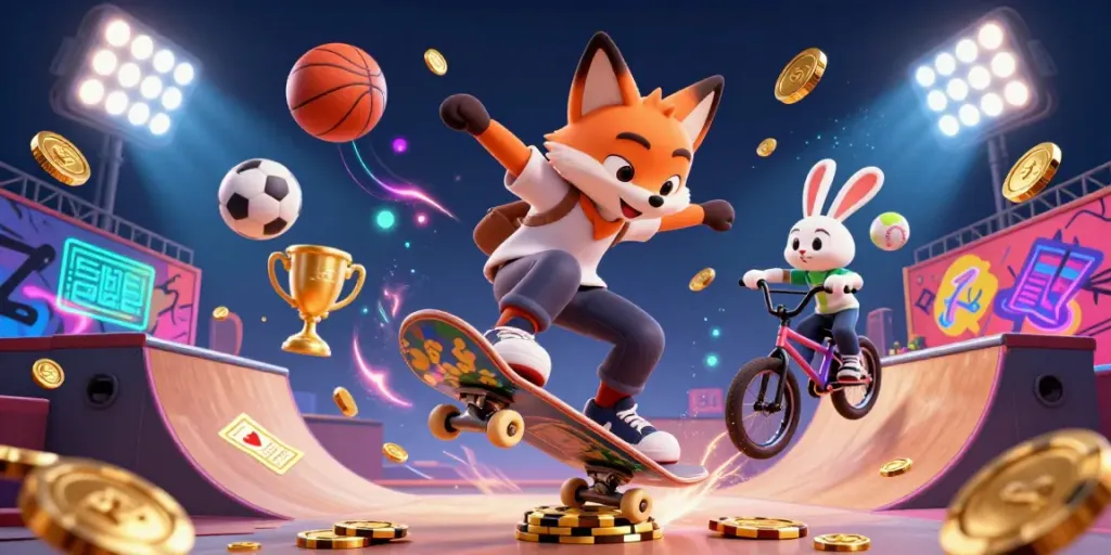 Experience Vz99's excitement with a skateboarder fox and BMX rabbit in a vibrant casino scene.