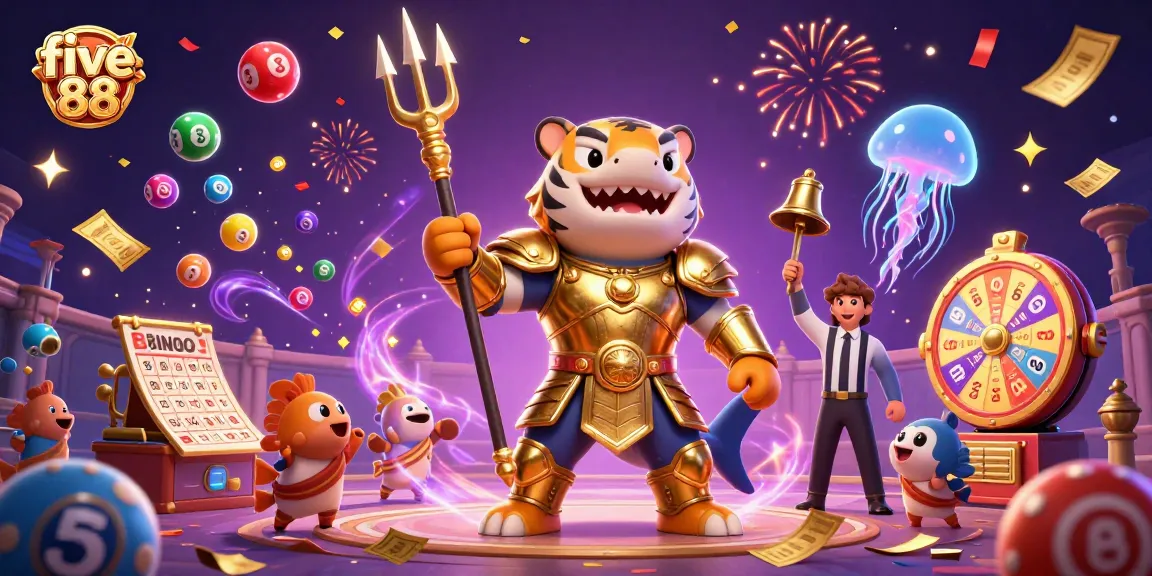 Join the excitement at five 88 with vibrant prizes, dynamic lottery elements, and playful characters in a thrilling underwater scene.
