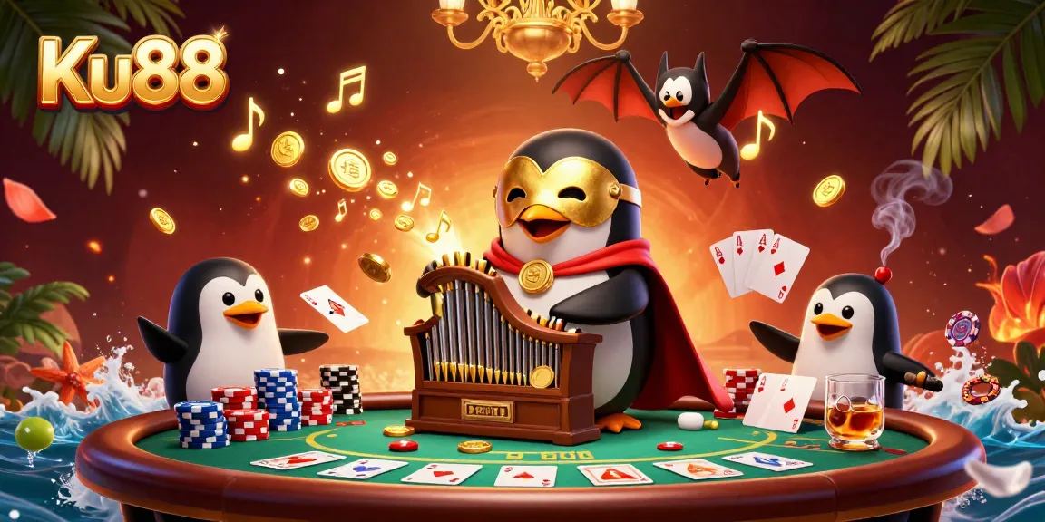Experience Ku88's enchanting gaming world with a phantom penguin playing a golden organ amidst vibrant poker elements.