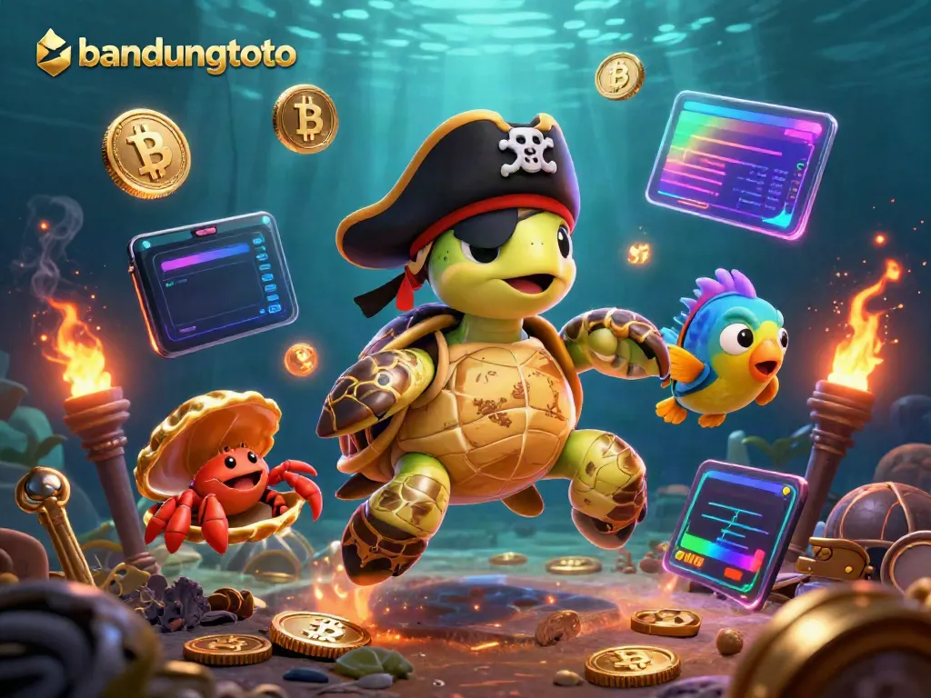 Engage with bandungtoto’s vibrant casino adventure with a pirate turtle and friends amidst glowing treasures.
