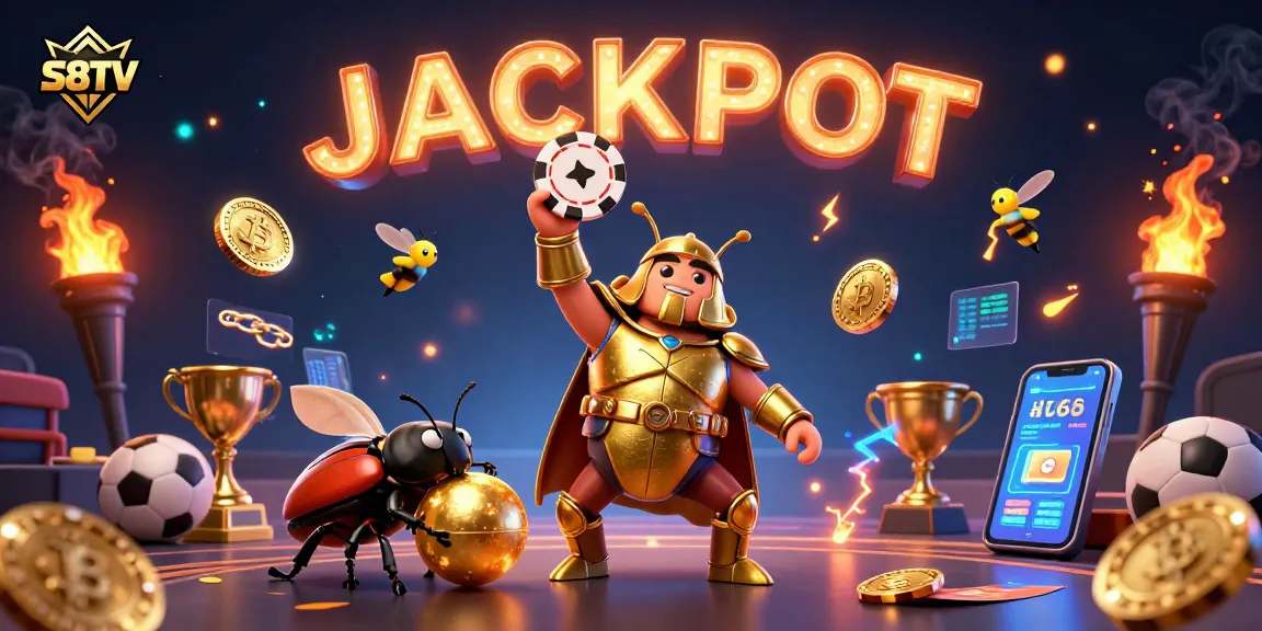 S8TV sports betting scene with a heroic beetle celebrating a victory with glowing coins and dynamic betting elements.
