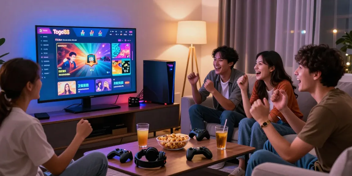 Togel88 Rtp Terbaru online gaming session in a lively living room with friends