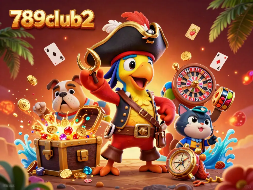 Experience excitement with 789club2 in this vibrant casino scene featuring a pirate captain and treasure.