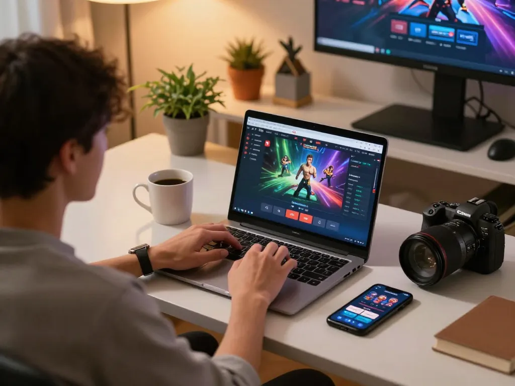 Player engaging with taixiuonline8 on a laptop in a cozy home setup, showcasing exciting online gambling.