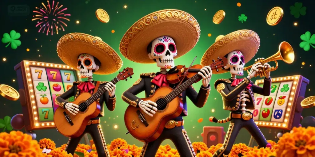 Engage in exciting slot gacor with a vibrant Dia de los Muertos mariachi scene, filled with festive elements.