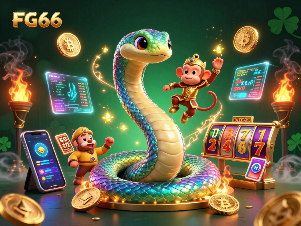 Engage with FG66's vibrant 3D illustration showcasing slot reels, crypto coins, and animated characters.