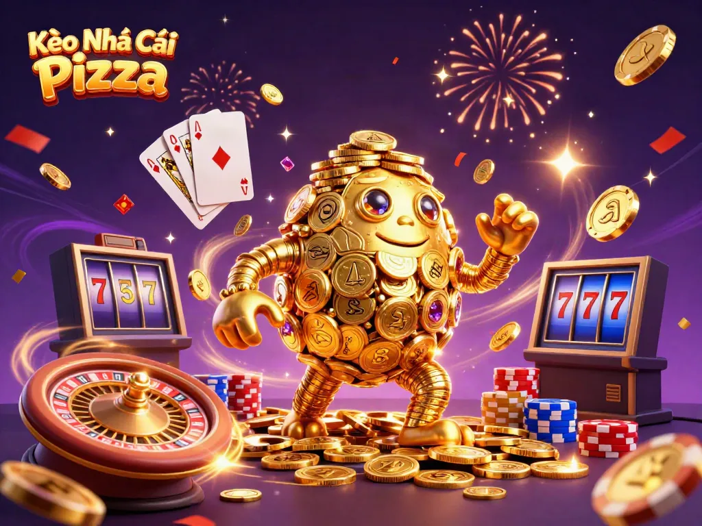 Experience Kèo Nhà Cái Pizza with a vibrant 3D casino scene featuring golden golems and dynamic elements.