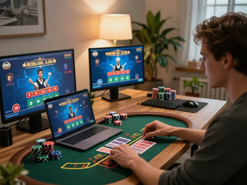 Engaged player exploring nhacaiuytinn through live dealer blackjack on laptop.