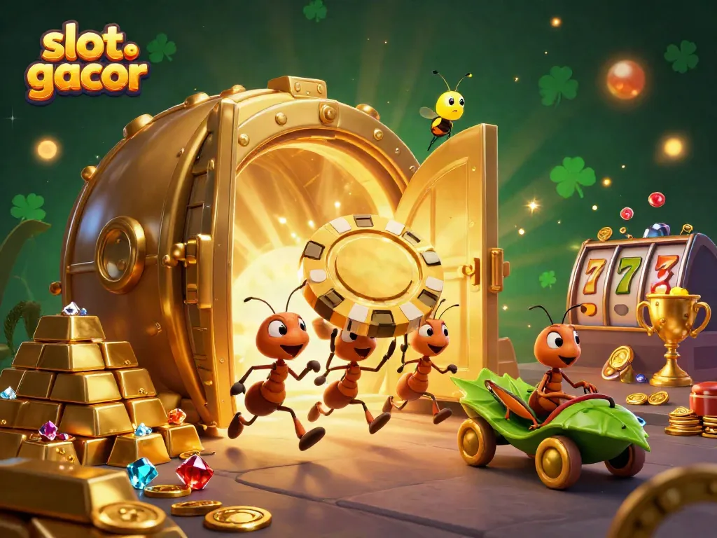 Experience the excitement of slot gacor with animated ants heisting a giant poker chip!