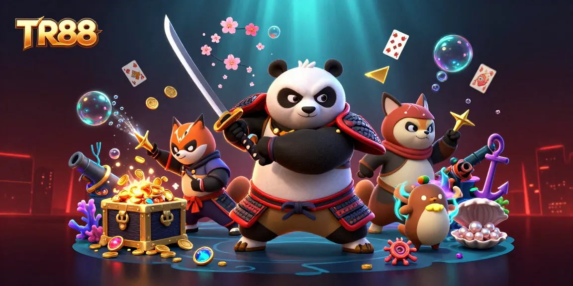 Experience TR88's thrilling underwater adventure with samurai panda and ninja fox in a vibrant casino scene.