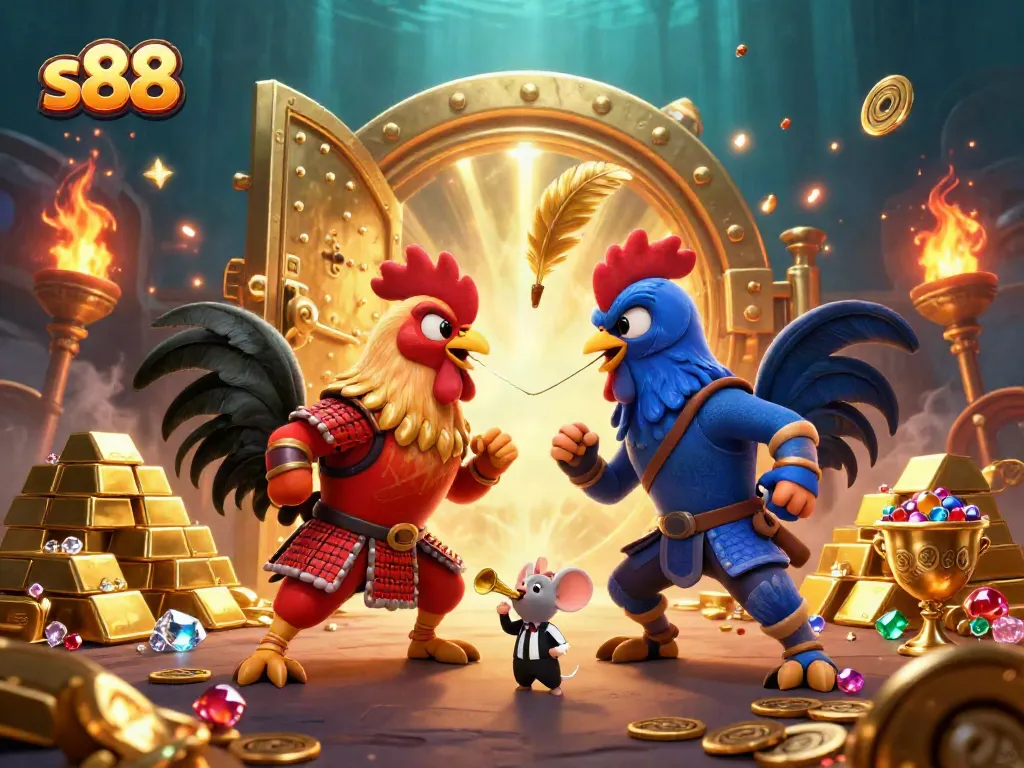 Experience thrilling battles at s88 casino with animated roosters in dynamic standoff amidst golden treasures.