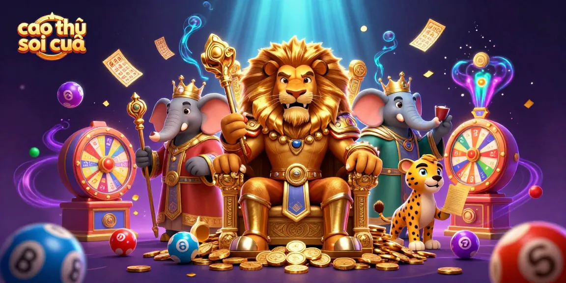 Cao thủ soi cầu reveals winning lottery numbers in a vibrant 3D casino illustration filled with lucky charms.