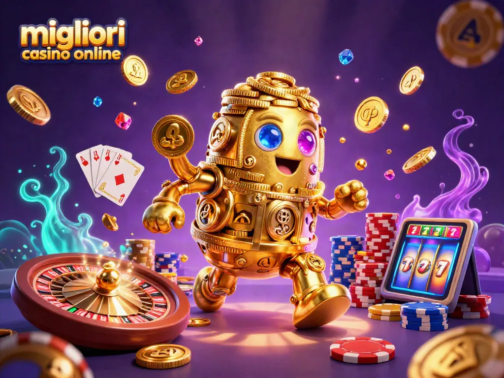 Vivi l'esperienza dei migliori casino online con golem d'oro che danza tra monete e giochi.