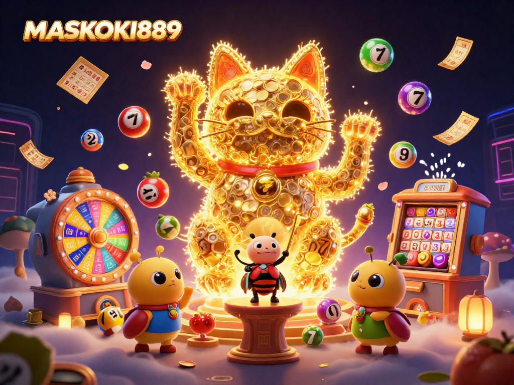 Engage with the vibrant lottery scene showcasing MASKOKI889's dynamic characters and game elements.
