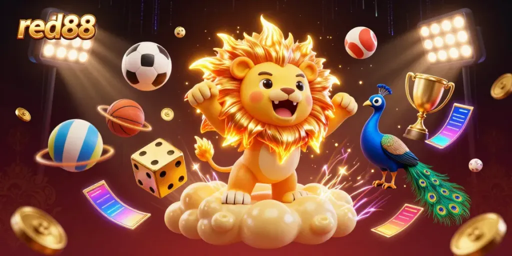 Engage in thrilling games at red88 with vibrant scenes of dynamic sports betting, golden cups, and roaring casino excitement.