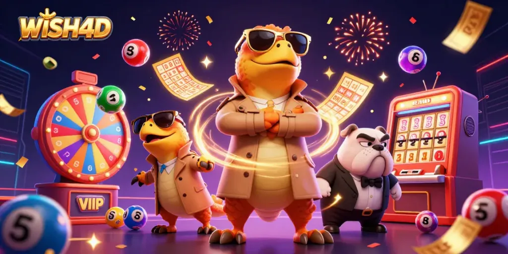 WISH4D players entering VIP casino lounge with thrilling lottery and bingo elements.