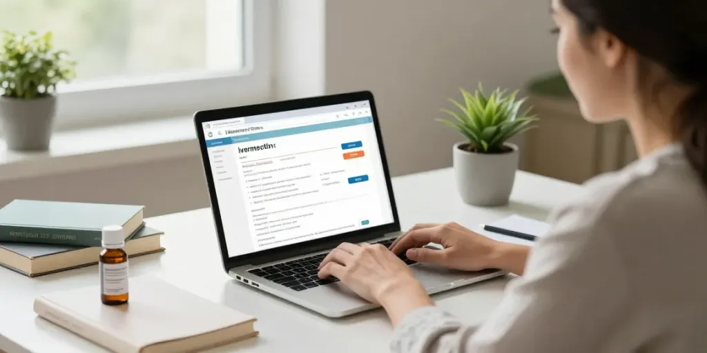 Engaged individual consulting about ivermectin online in a health-focused workspace.