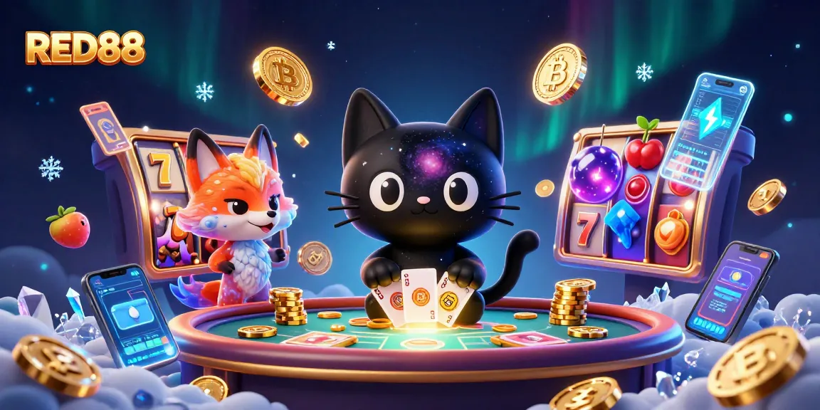 Generate big wins at RED88 with a black hole cat and nebula fox in a vibrant slot games scene.