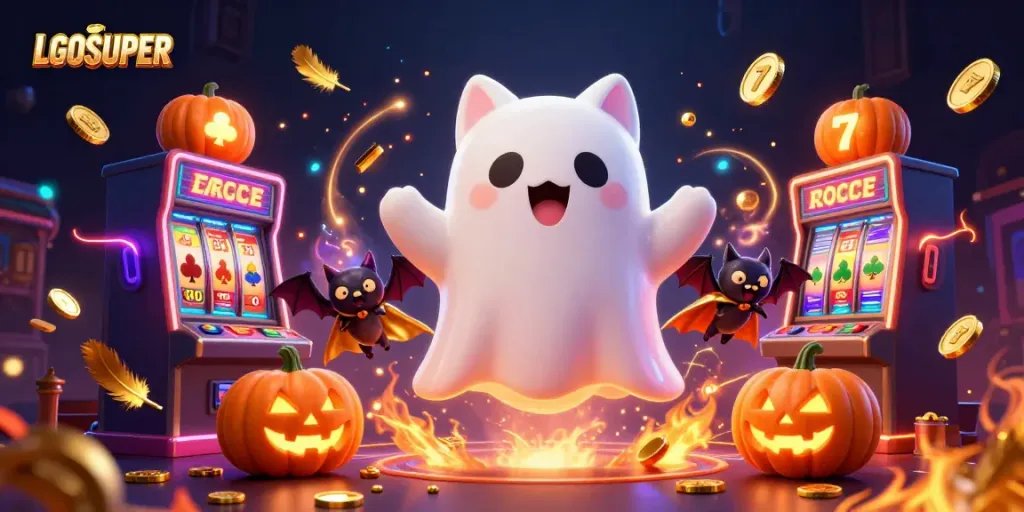 Experience the vibrant excitement of LGOSUPER in a dynamic casino scene featuring a ghost cat and mystical elements.