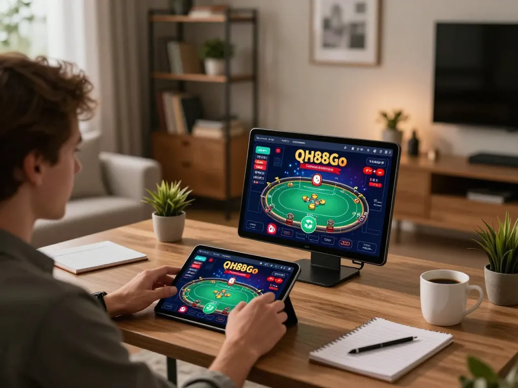 Player using qh88go tablet for online poker gameplay in cozy home setting