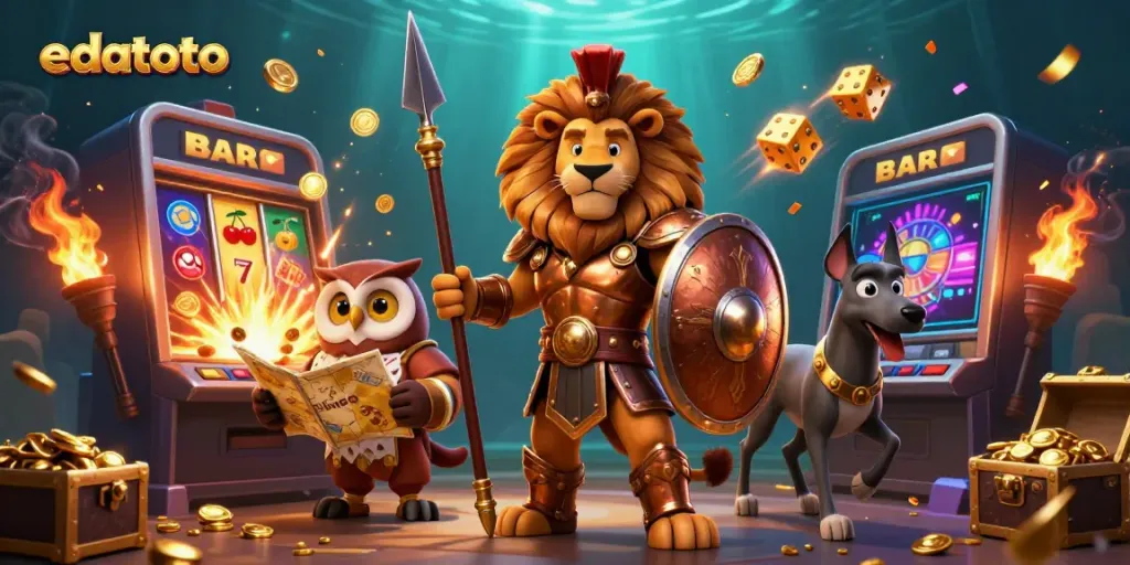 EDATOTO's vibrant gaming scene with a Spartan lion, owl strategist, and greyhound amidst casino elements.
