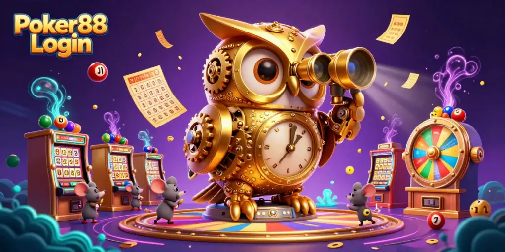 Engage with Poker88 Login through vibrant scenes of a golden owl, lively mice, and casino elements.
