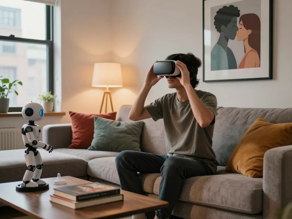 Person experiencing AI sex engagement in a cozy urban setting, surrounded by modern decor and soft lighting.